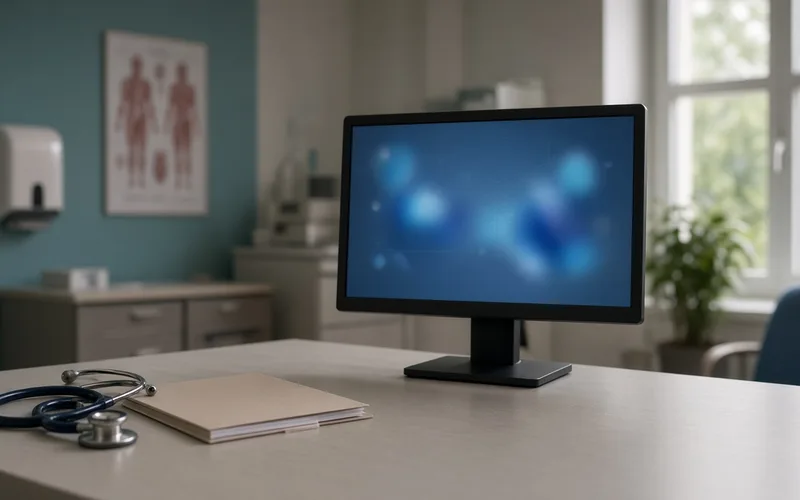 Empty clinical desk with workstation monitor and soft daylight, no people