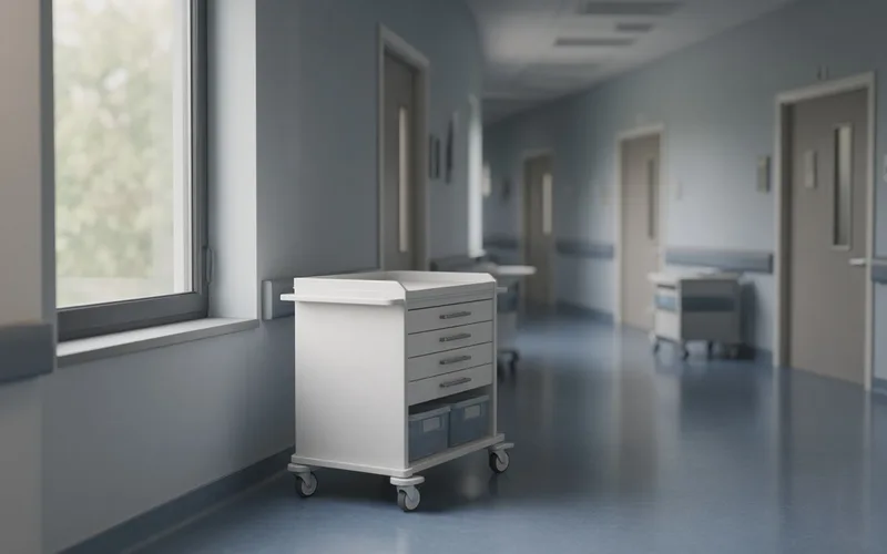 Quiet hospital corridor with soft daylight and a medication cart, no people visible