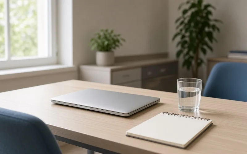 Empty clinical desk with closed laptop and notepad in soft daylight, no people