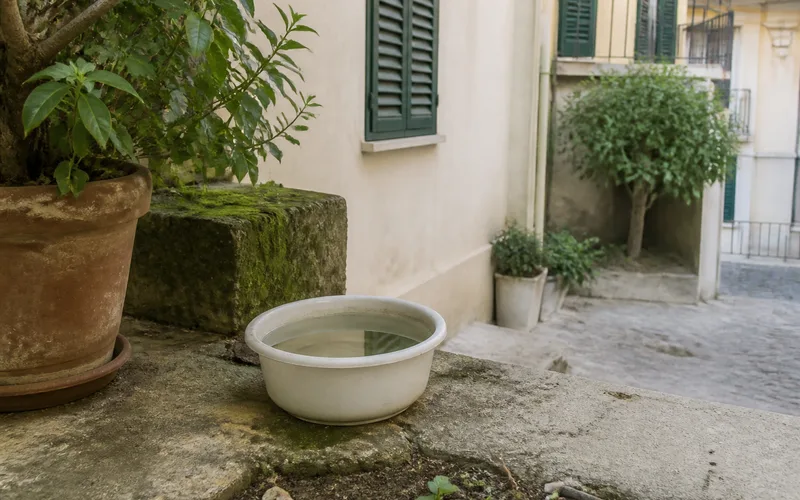 Quiet European courtyard with plant pots and standing water in soft daylight