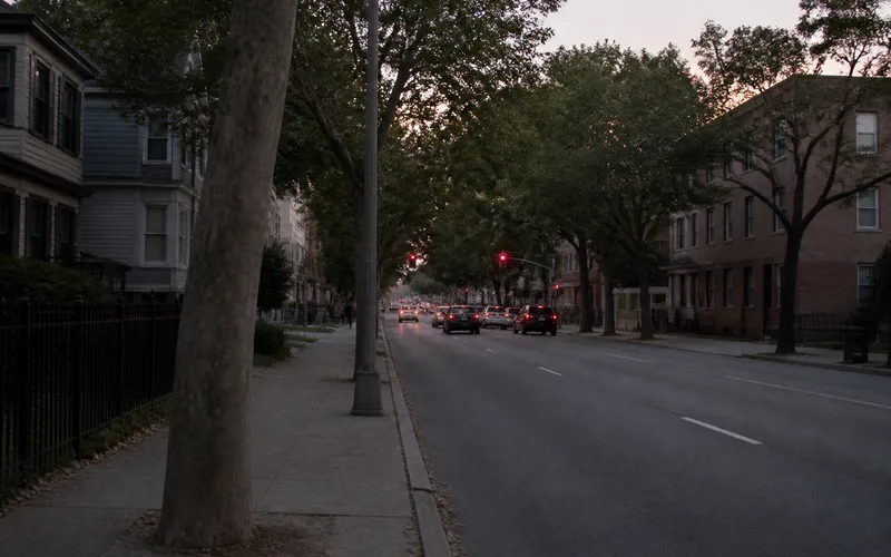 Quiet residential street at dusk with soft ambient light