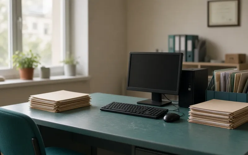Empty public health office desk with folders and soft morning light, no people