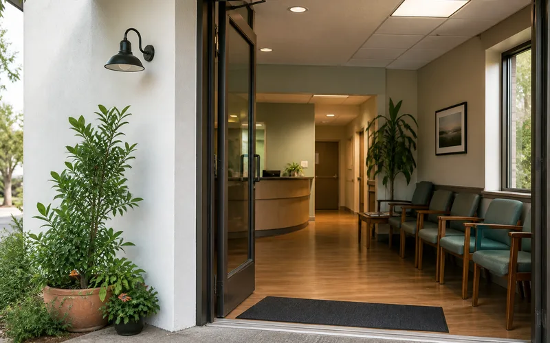 Daylit community clinic entrance with calm outdoor seating