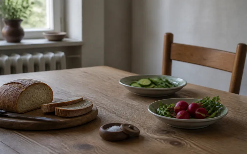 Simple kitchen table with plain food ingredients in soft light