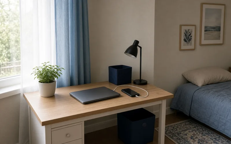 Empty teenage desk with closed laptop and phone face-down in soft daylight, no people
