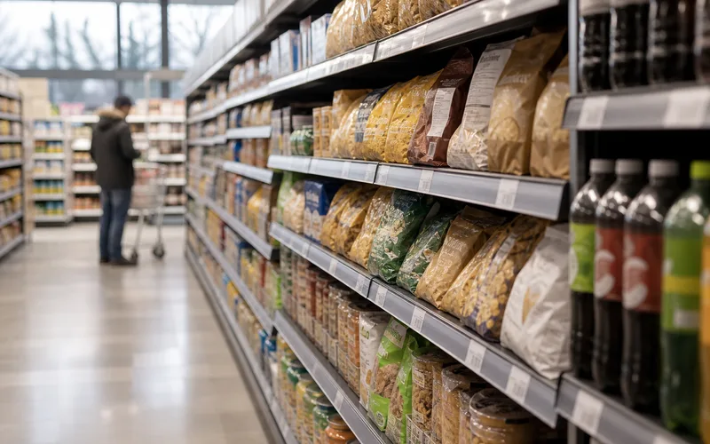 Supermarket aisle with packaged foods in soft natural light